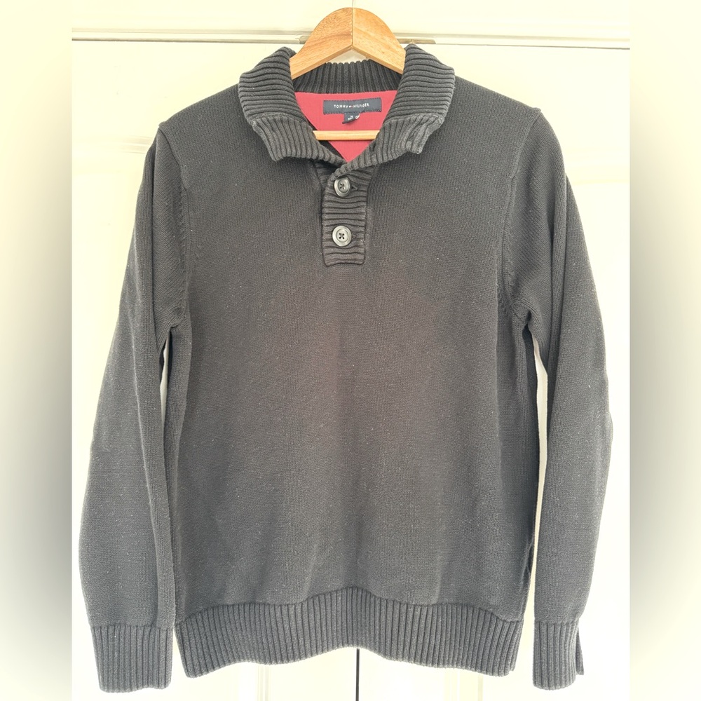 Tommy Hilfiger Knit Sweater Black Ribbed Turtleneck V-Neck Mock Neck Button Up